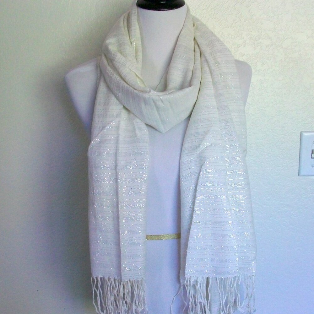 Long White Silver Metallic Threads Striped Fringed Lightweight Scarf Wrap